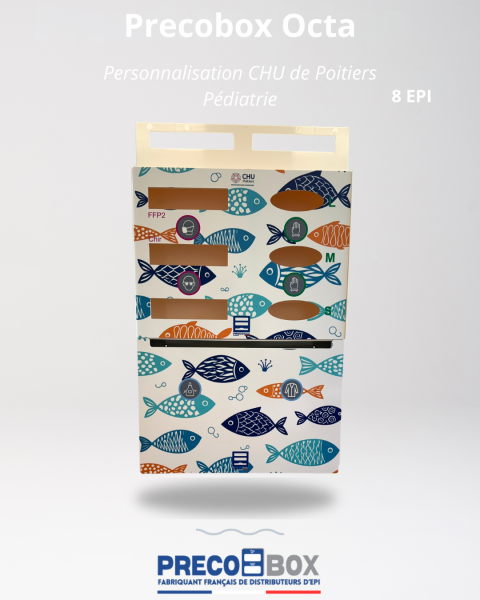 distributeur d’epi precobox octa 8 epi avec façade personnalisée et design pédiatrique pour le chu de poitiers
