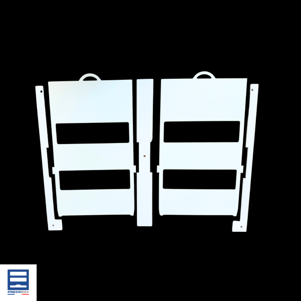 portes à fermeture gravitaire ouvertes pour distributeur precobox montrant les éléments séparés avant assemblage